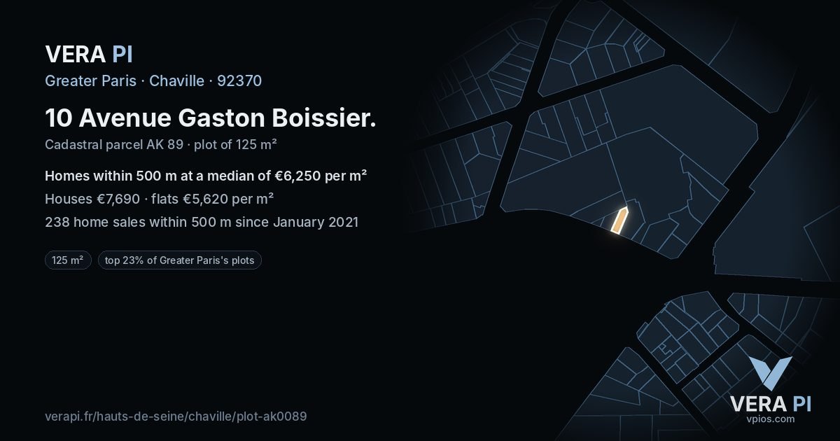10 Avenue Gaston Boissier, Chaville at night – the plot lit, the parcels around coloured by the prices near them