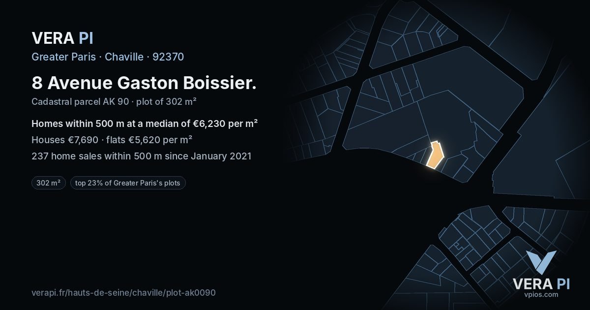 8 Avenue Gaston Boissier, Chaville at night – the plot lit, the parcels around coloured by the prices near them