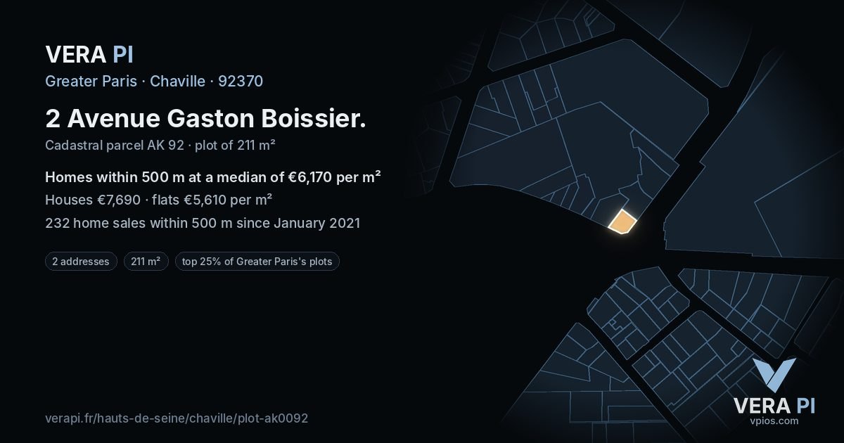 2 Avenue Gaston Boissier, Chaville at night – the plot lit, the parcels around coloured by the prices near them