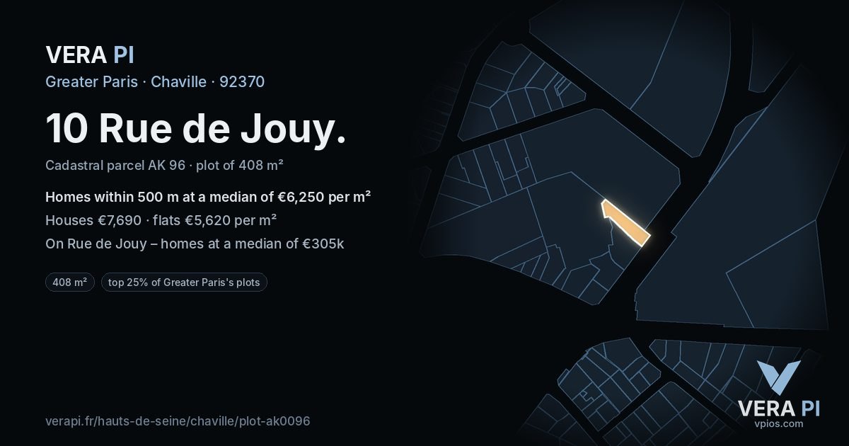 10 Rue de Jouy, Chaville at night – the plot lit, the parcels around coloured by the prices near them
