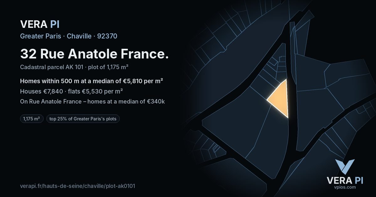 32 Rue Anatole France, Chaville at night – the plot lit, the parcels around coloured by the prices near them