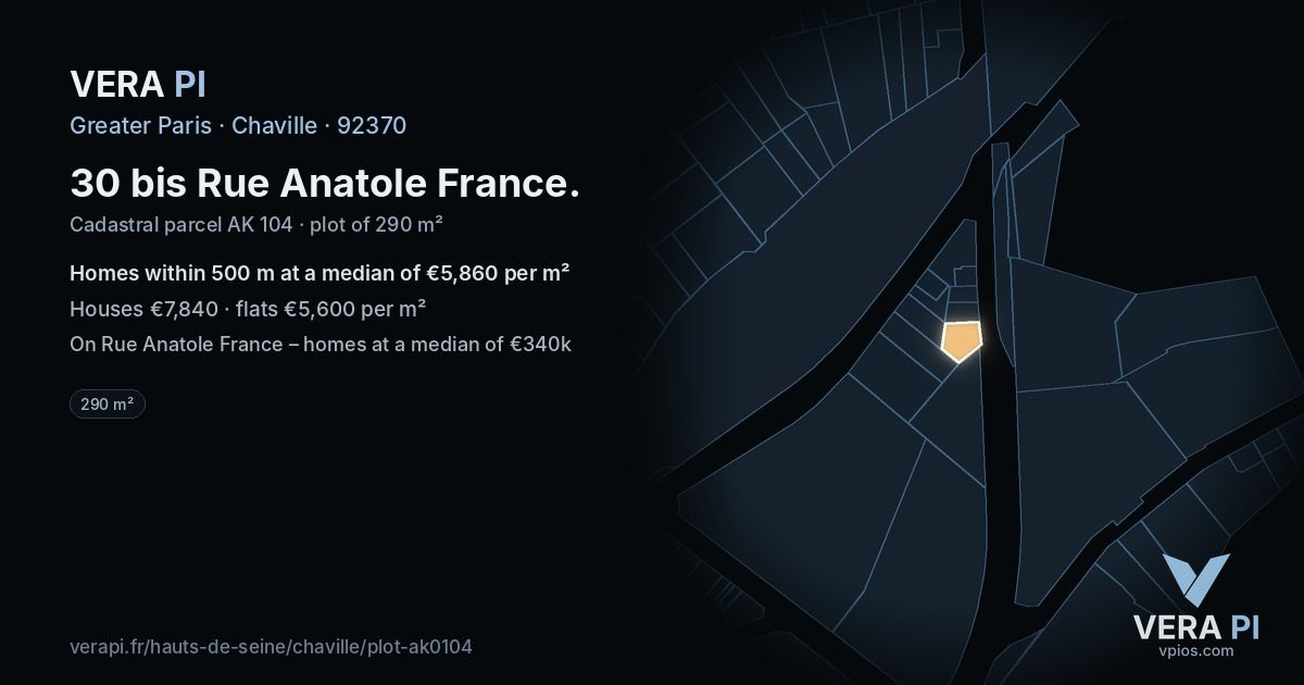 30 bis Rue Anatole France, Chaville at night – the plot lit, the parcels around coloured by the prices near them