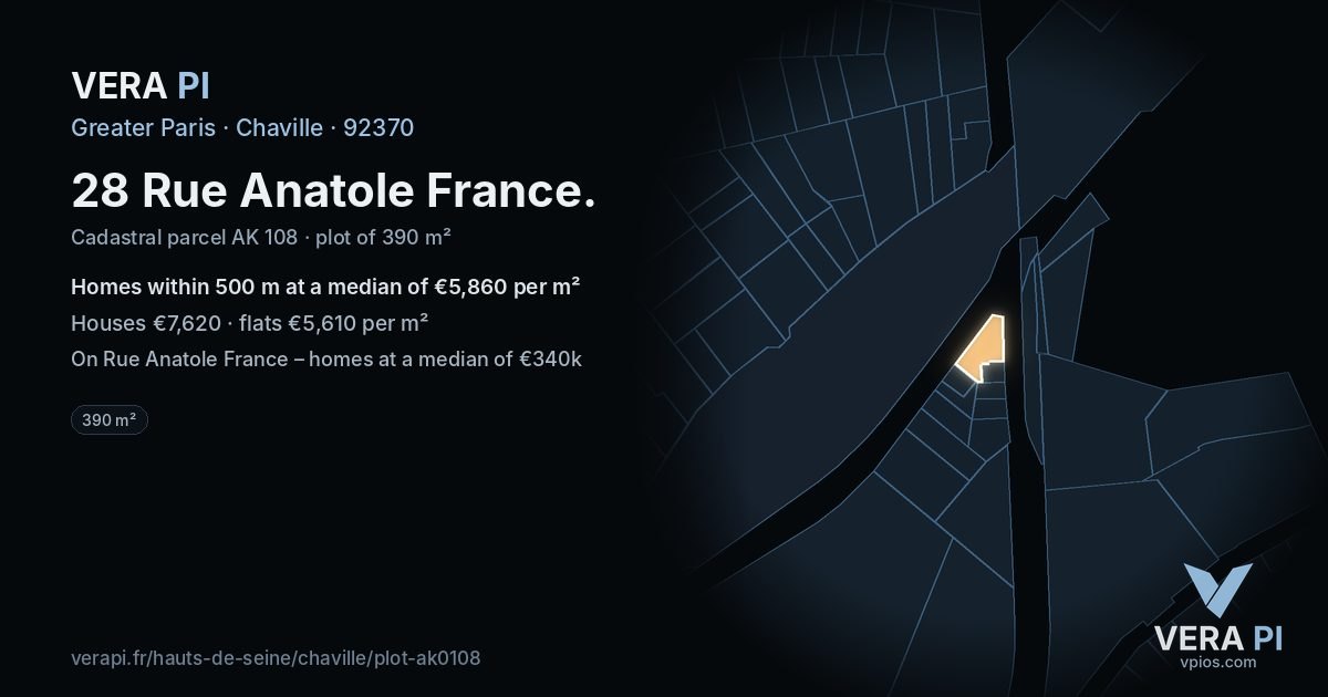 28 Rue Anatole France, Chaville at night – the plot lit, the parcels around coloured by the prices near them