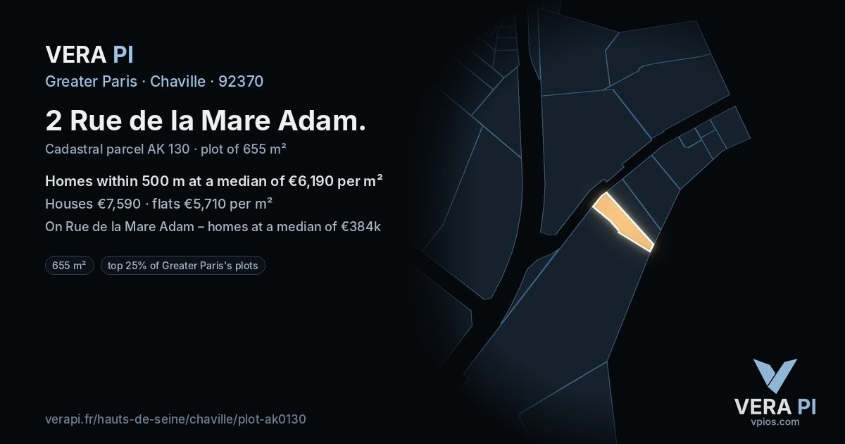 2 Rue de la Mare Adam, Chaville at night – the plot lit, the parcels around coloured by the prices near them