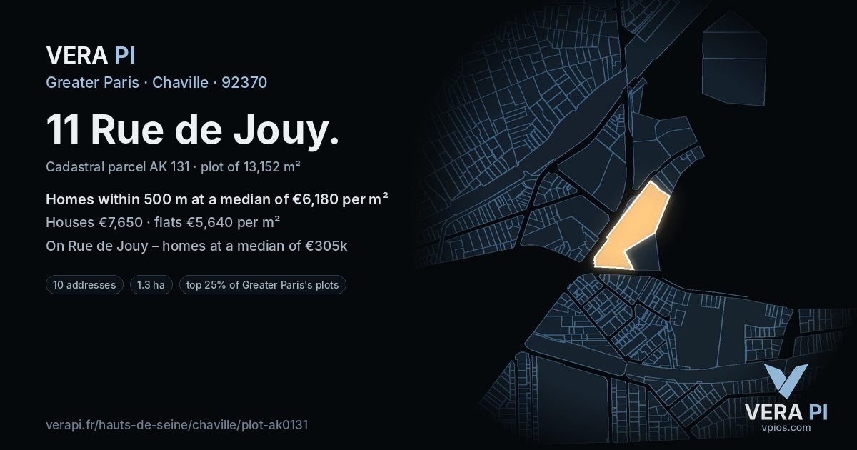 11 Rue de Jouy, Chaville at night – the plot lit, the parcels around coloured by the prices near them