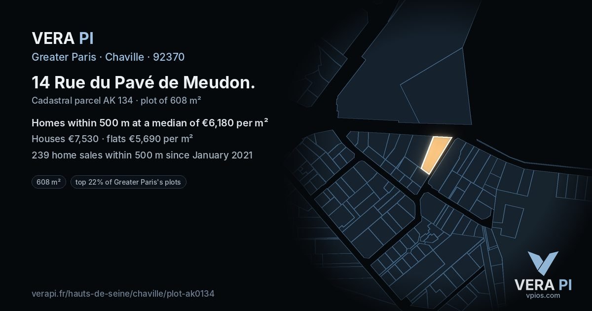 14 Rue du Pavé de Meudon, Chaville at night – the plot lit, the parcels around coloured by the prices near them
