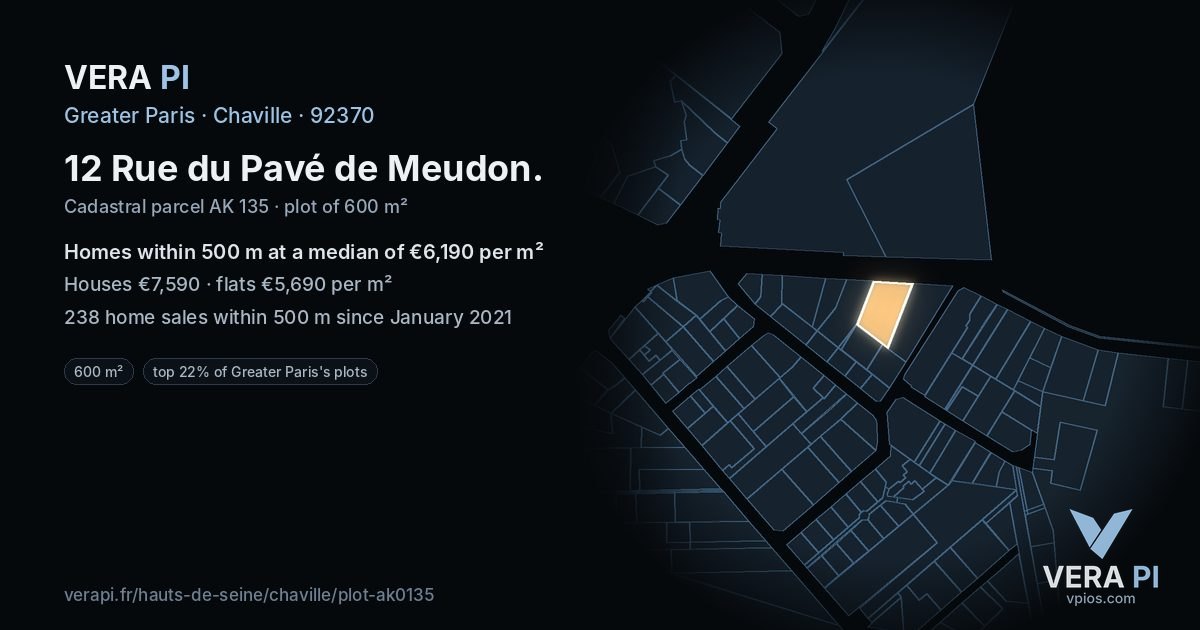 12 Rue du Pavé de Meudon, Chaville at night – the plot lit, the parcels around coloured by the prices near them