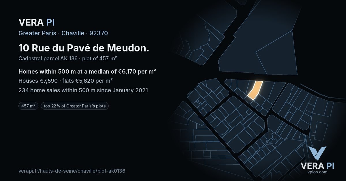 10 Rue du Pavé de Meudon, Chaville at night – the plot lit, the parcels around coloured by the prices near them