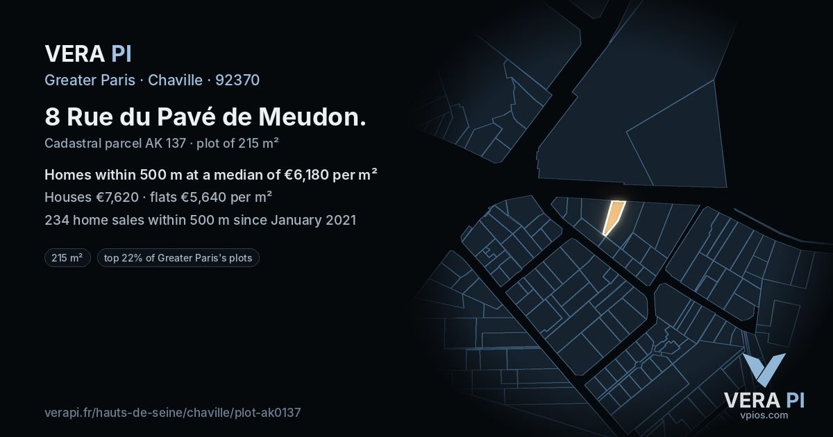 8 Rue du Pavé de Meudon, Chaville at night – the plot lit, the parcels around coloured by the prices near them