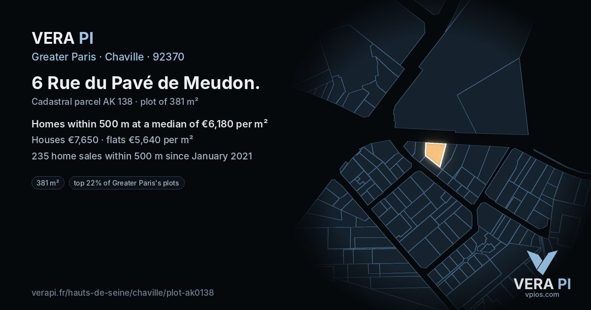 6 Rue du Pavé de Meudon, Chaville at night – the plot lit, the parcels around coloured by the prices near them