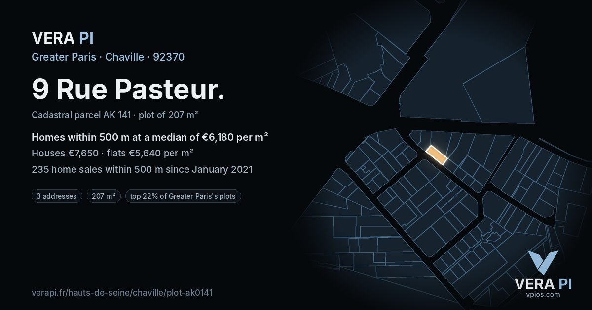 9 Rue Pasteur, Chaville at night – the plot lit, the parcels around coloured by the prices near them