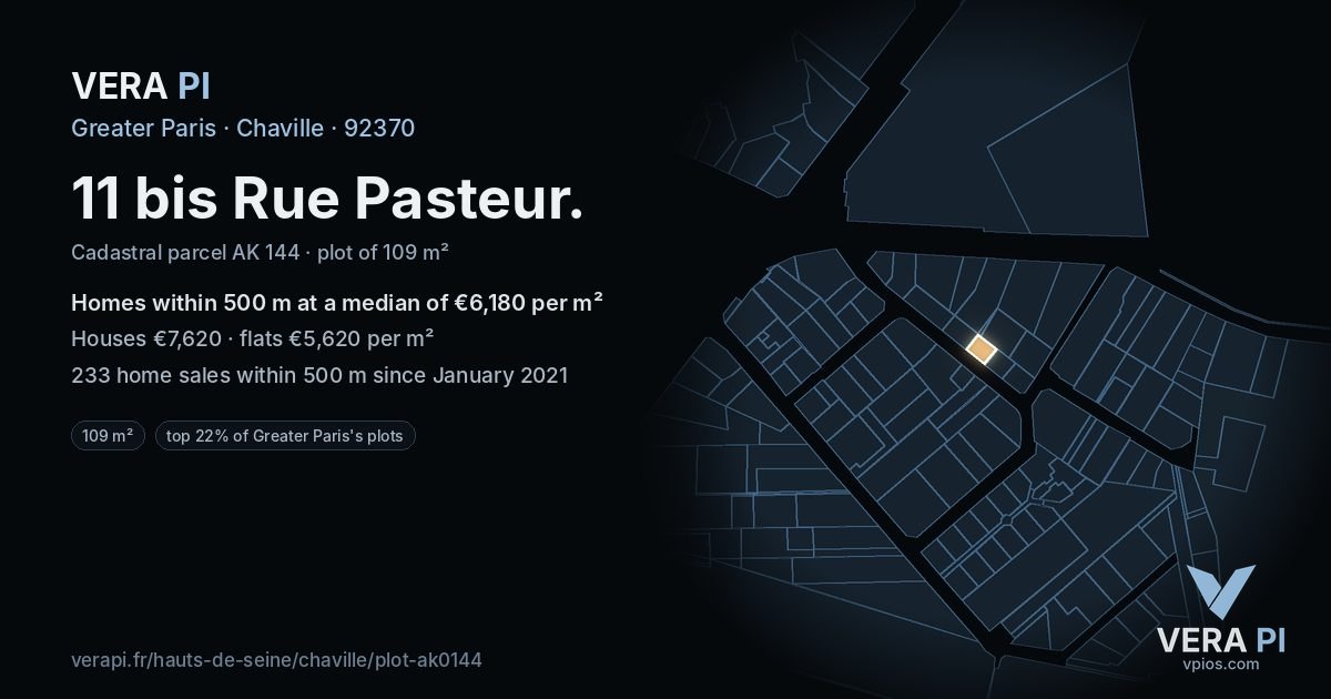 11 bis Rue Pasteur, Chaville at night – the plot lit, the parcels around coloured by the prices near them