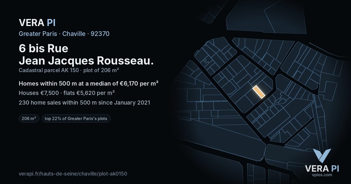 6 bis Rue Jean Jacques Rousseau, Chaville at night – the plot lit, the parcels around coloured by the prices near them