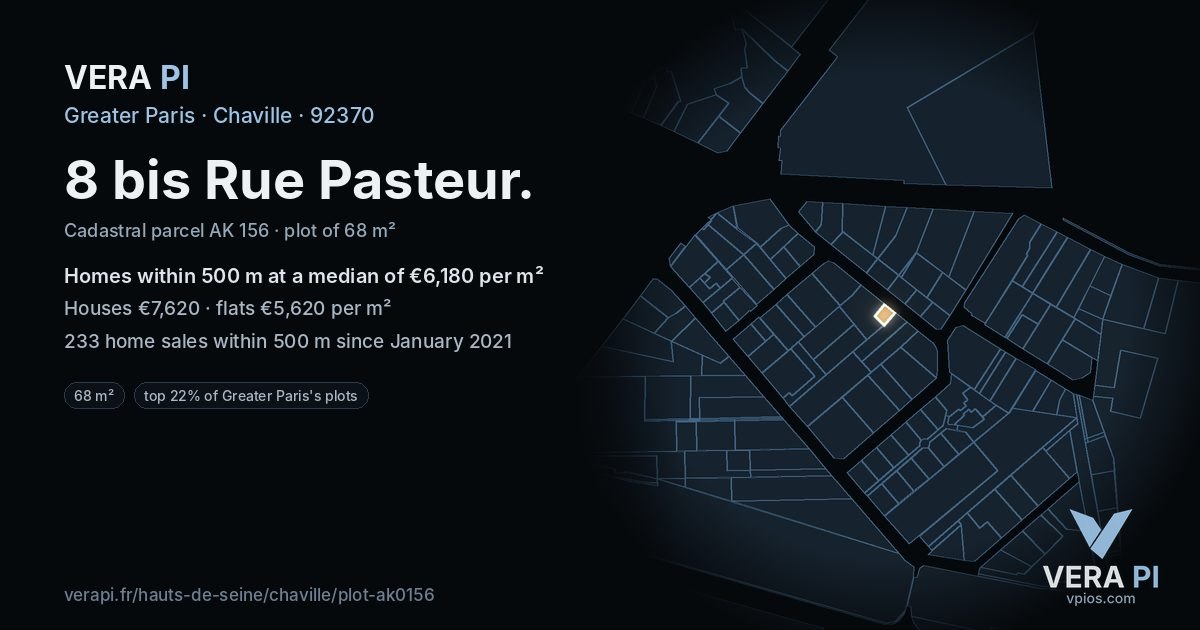 8 bis Rue Pasteur, Chaville at night – the plot lit, the parcels around coloured by the prices near them