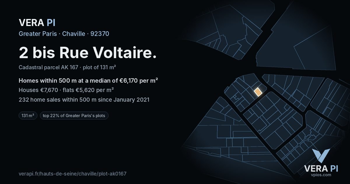 2 bis Rue Voltaire, Chaville at night – the plot lit, the parcels around coloured by the prices near them
