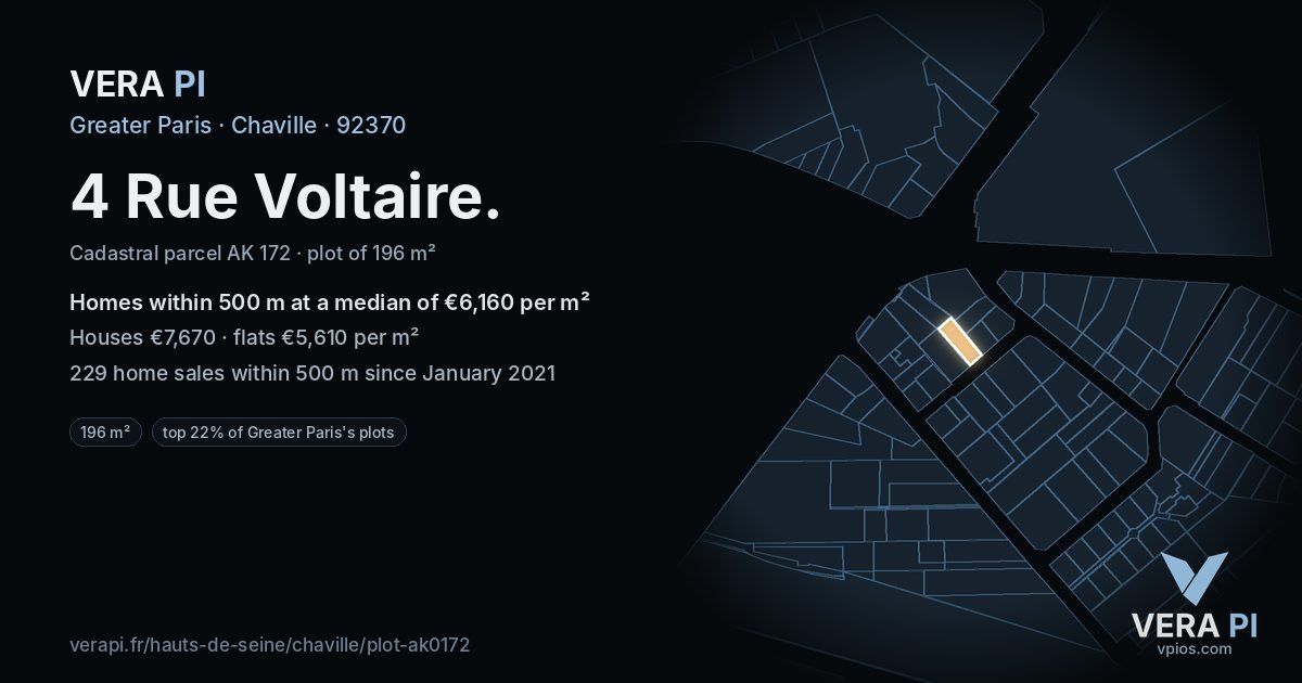 4 Rue Voltaire, Chaville at night – the plot lit, the parcels around coloured by the prices near them