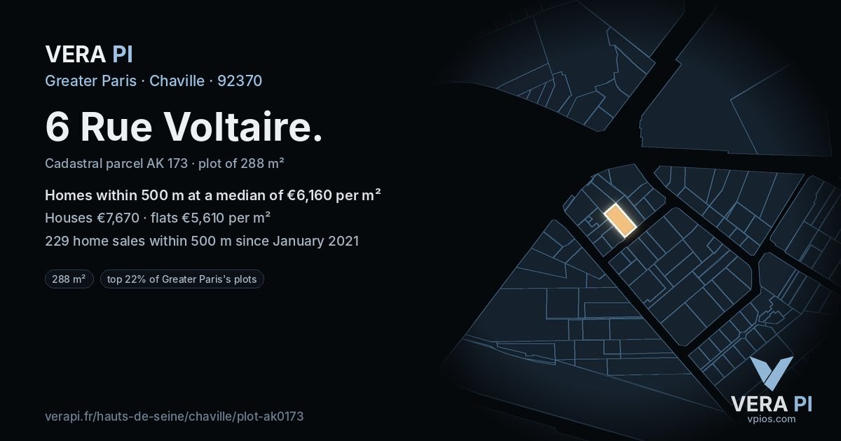 6 Rue Voltaire, Chaville at night – the plot lit, the parcels around coloured by the prices near them