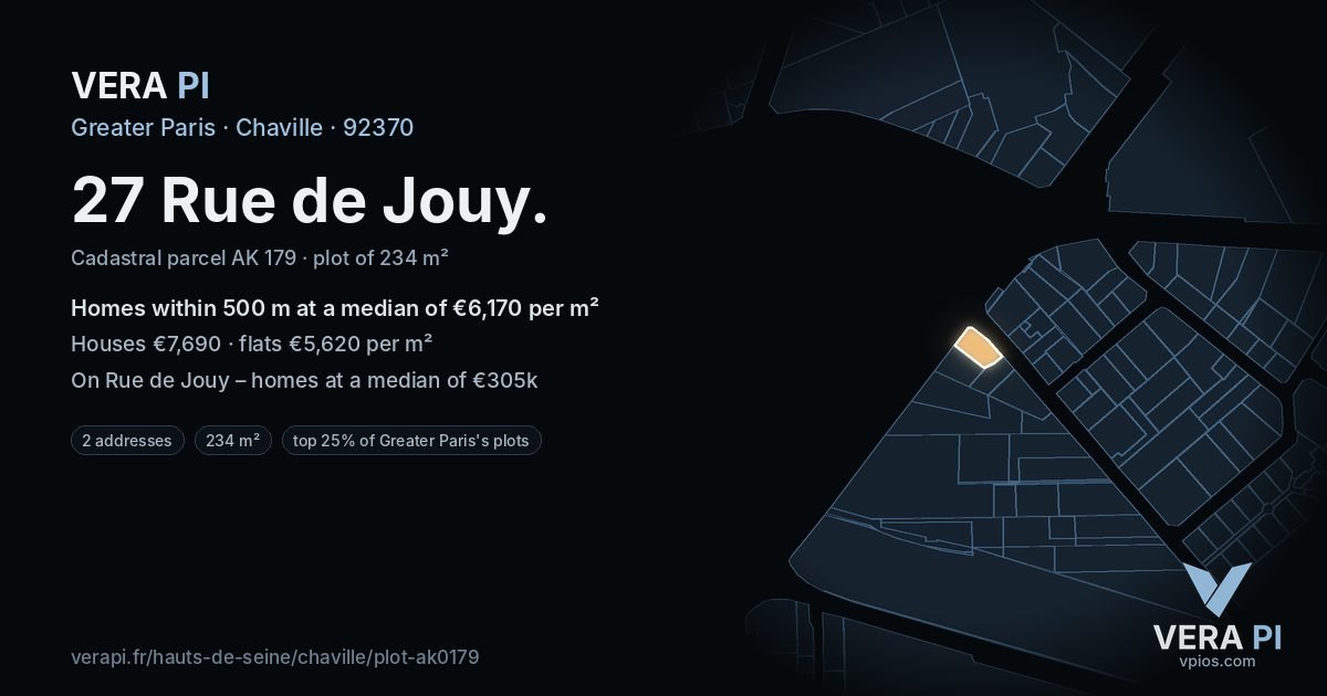 27 Rue de Jouy, Chaville at night – the plot lit, the parcels around coloured by the prices near them