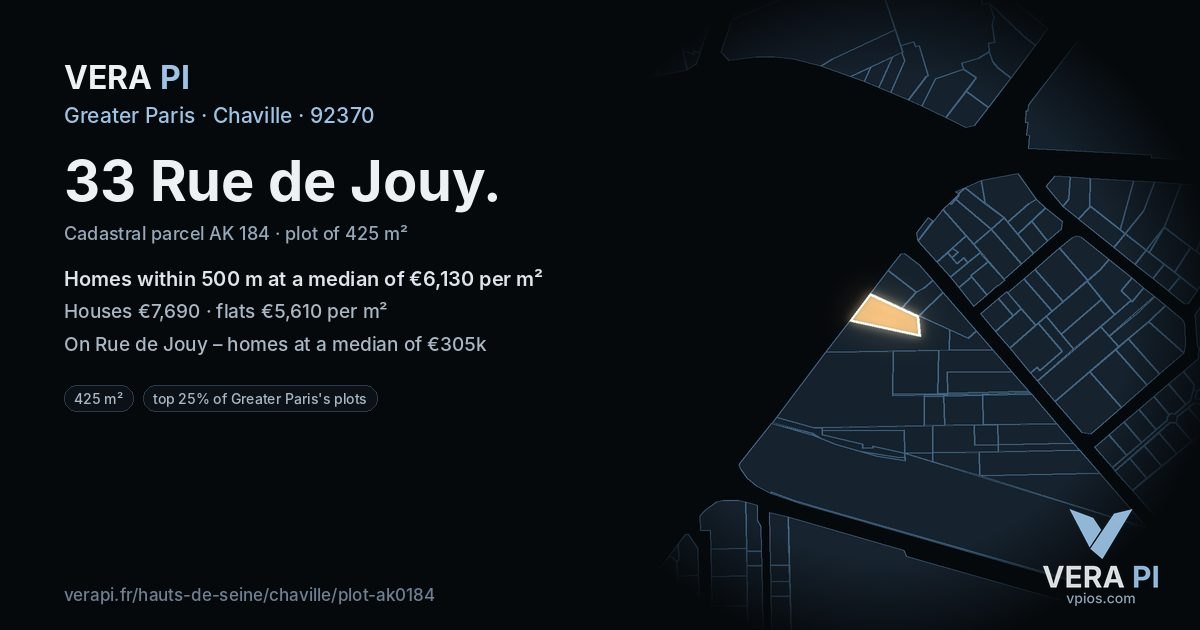 33 Rue de Jouy, Chaville at night – the plot lit, the parcels around coloured by the prices near them