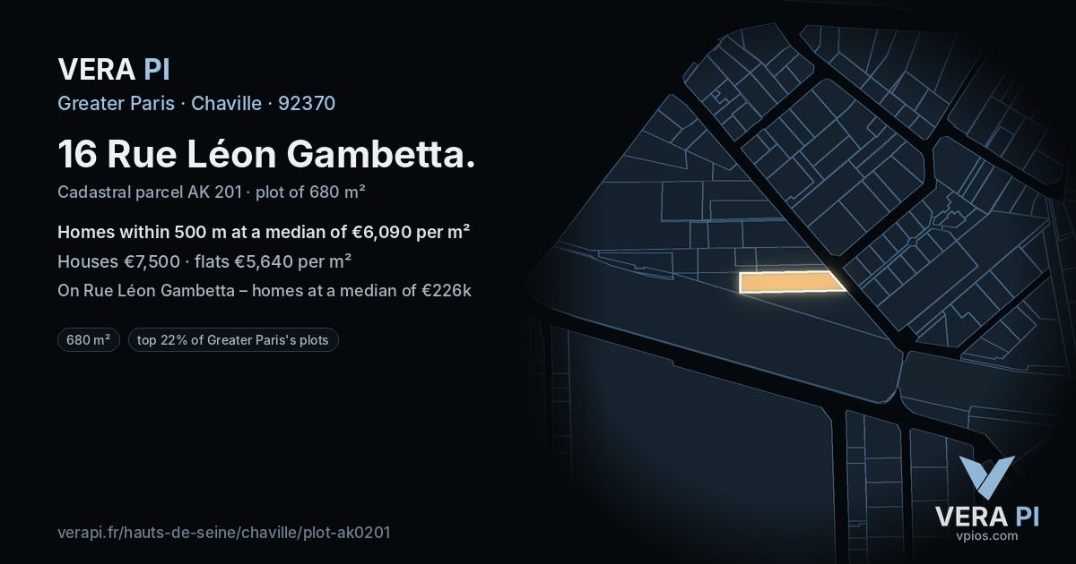 16 Rue Léon Gambetta, Chaville at night – the plot lit, the parcels around coloured by the prices near them
