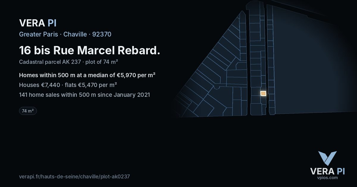 16 bis Rue Marcel Rebard, Chaville at night – the plot lit, the parcels around coloured by the prices near them