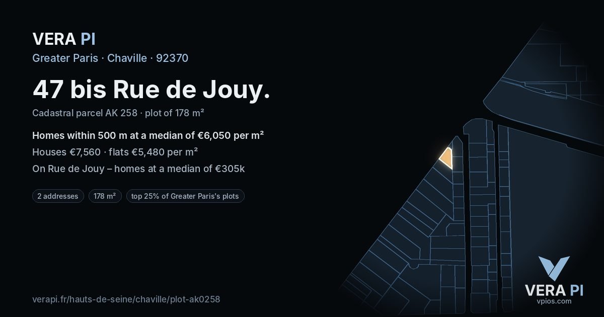47 bis Rue de Jouy, Chaville at night – the plot lit, the parcels around coloured by the prices near them