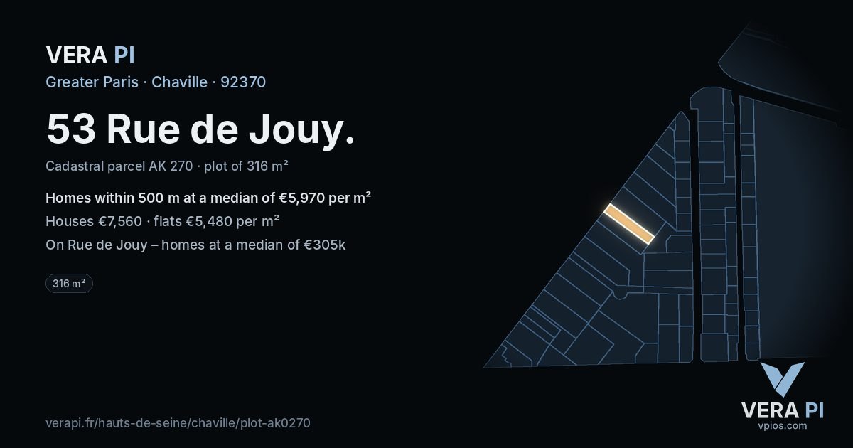 53 Rue de Jouy, Chaville at night – the plot lit, the parcels around coloured by the prices near them