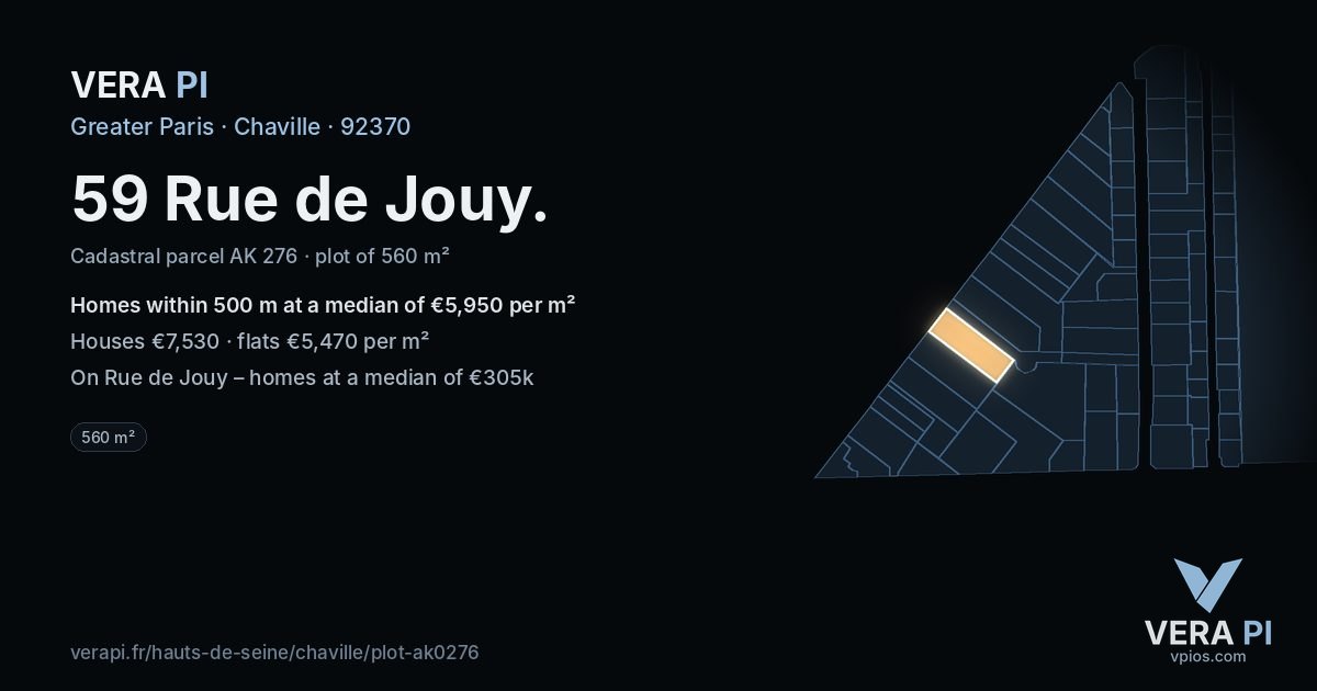 59 Rue de Jouy, Chaville at night – the plot lit, the parcels around coloured by the prices near them