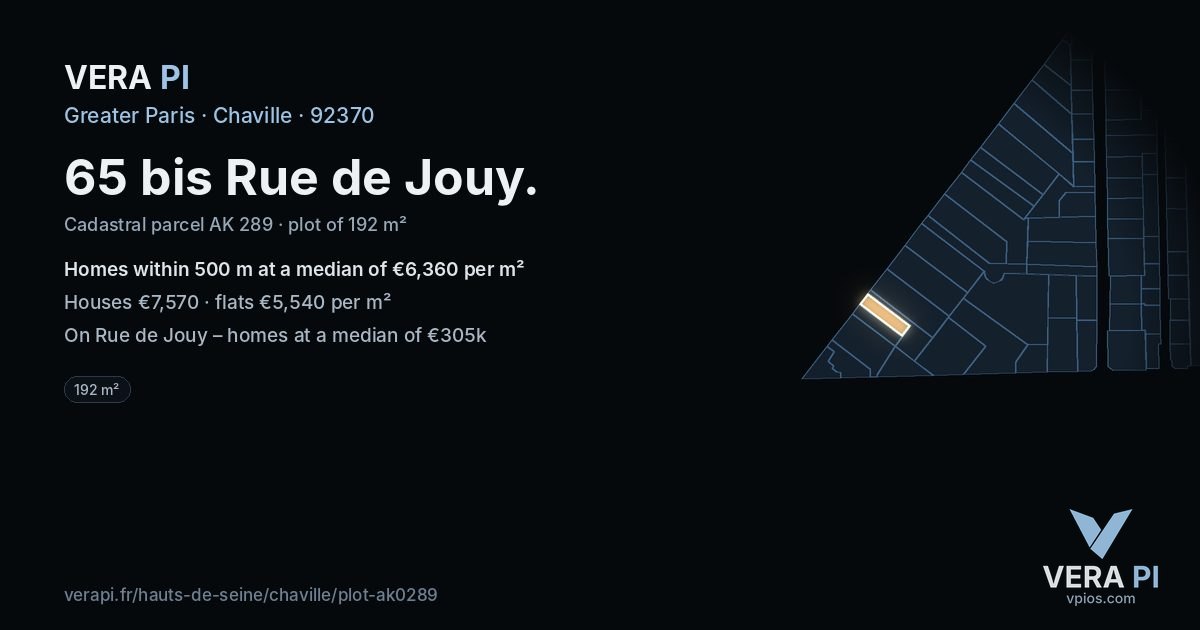 65 bis Rue de Jouy, Chaville at night – the plot lit, the parcels around coloured by the prices near them