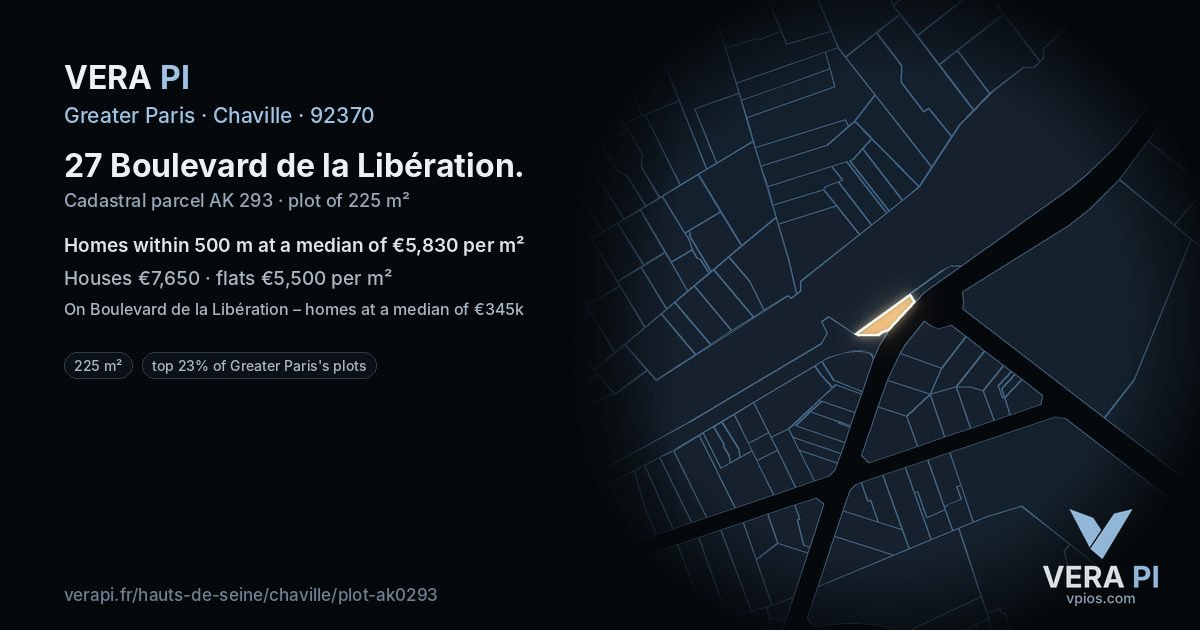 27 Boulevard de la Libération, Chaville at night – the plot lit, the parcels around coloured by the prices near them