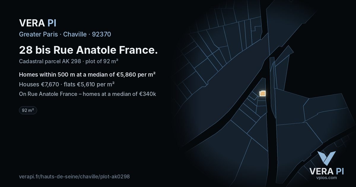 28 bis Rue Anatole France, Chaville at night – the plot lit, the parcels around coloured by the prices near them