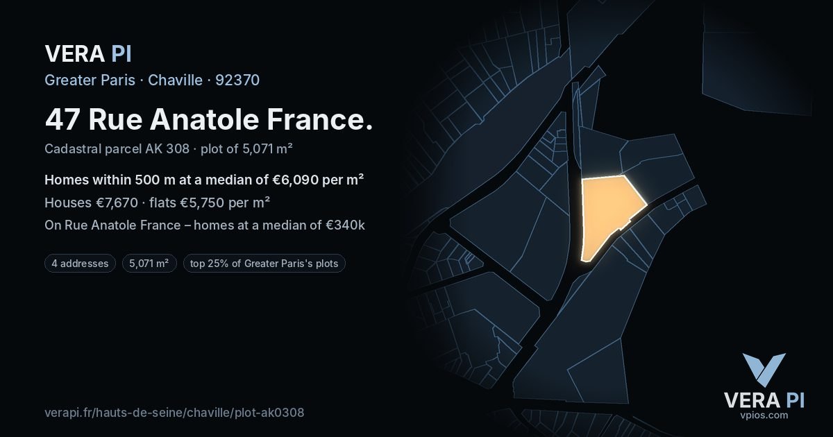 47 Rue Anatole France, Chaville at night – the plot lit, the parcels around coloured by the prices near them