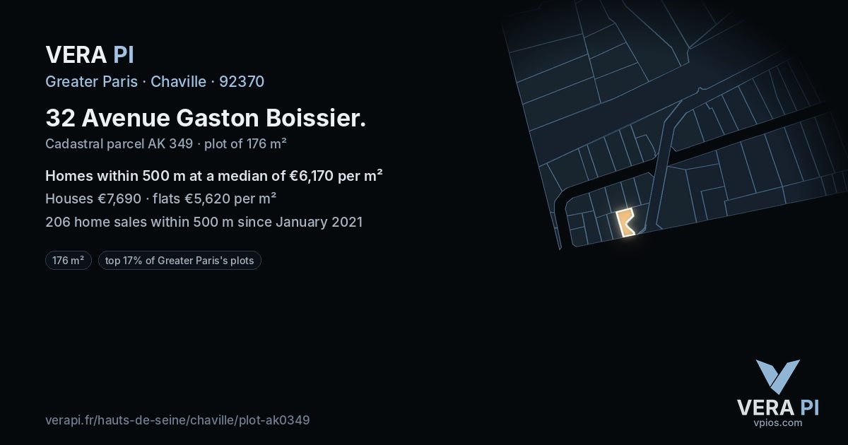 32 Avenue Gaston Boissier, Chaville at night – the plot lit, the parcels around coloured by the prices near them