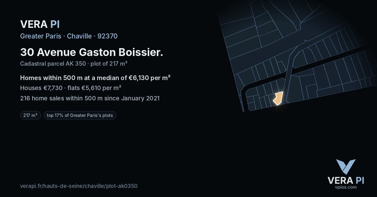 30 Avenue Gaston Boissier, Chaville at night – the plot lit, the parcels around coloured by the prices near them
