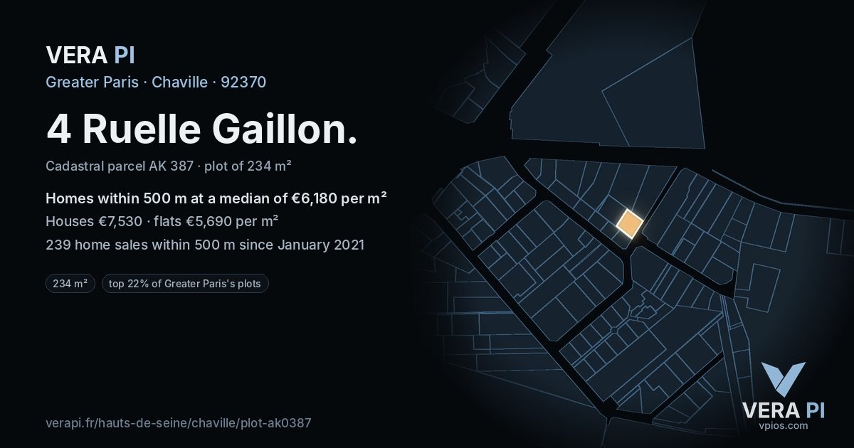 4 Ruelle Gaillon, Chaville at night – the plot lit, the parcels around coloured by the prices near them