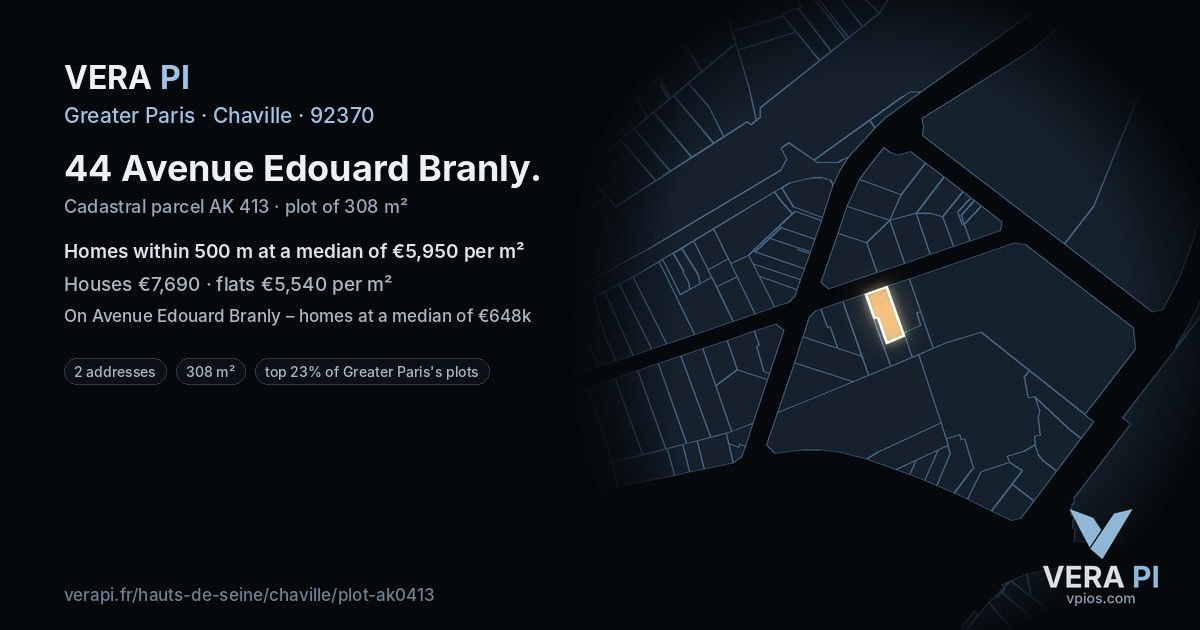 44 Avenue Edouard Branly, Chaville at night – the plot lit, the parcels around coloured by the prices near them