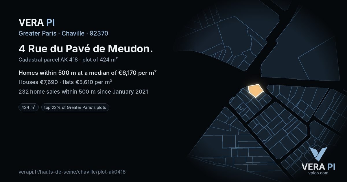 4 Rue du Pavé de Meudon, Chaville at night – the plot lit, the parcels around coloured by the prices near them