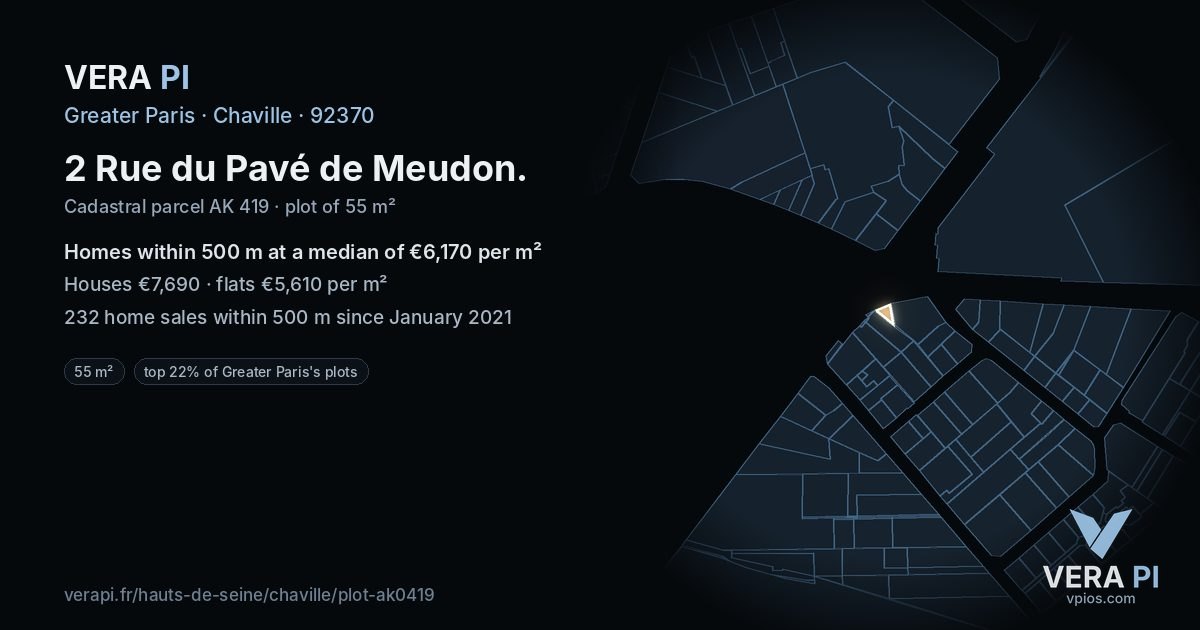 2 Rue du Pavé de Meudon, Chaville at night – the plot lit, the parcels around coloured by the prices near them
