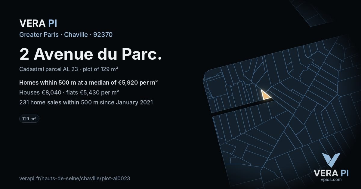 2 Avenue du Parc, Chaville at night – the plot lit, the parcels around coloured by the prices near them
