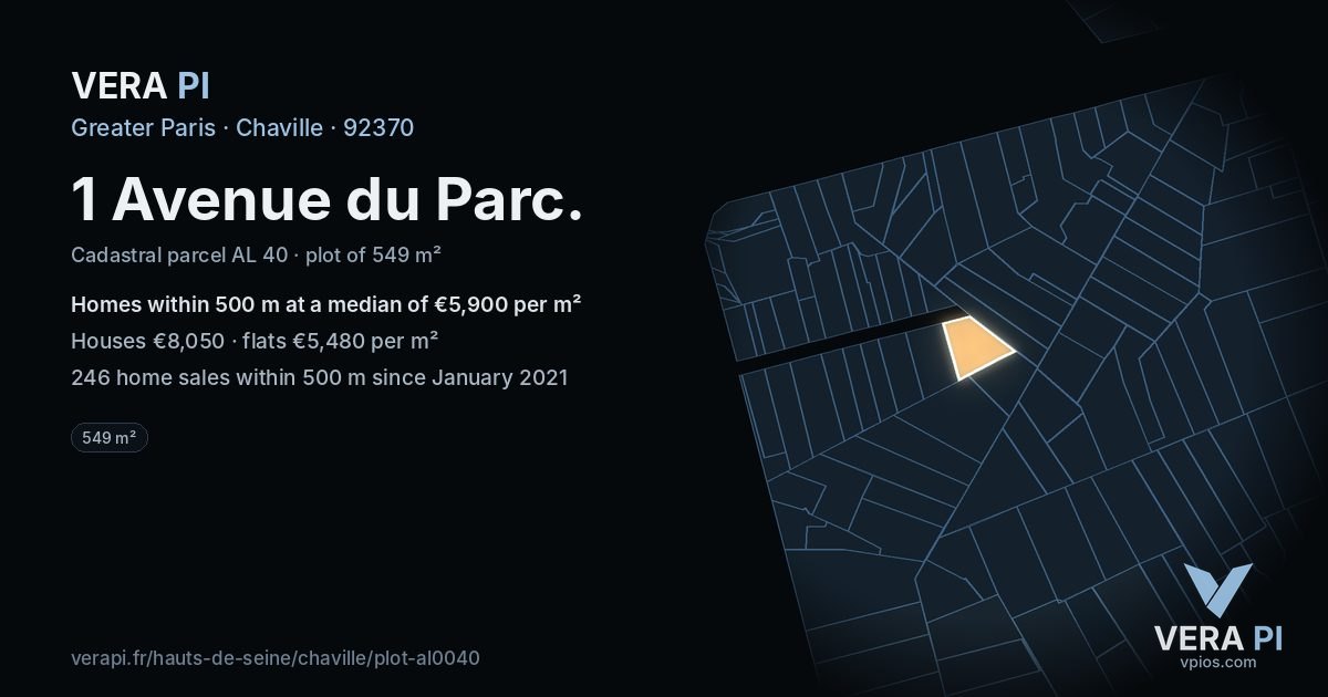 1 Avenue du Parc, Chaville at night – the plot lit, the parcels around coloured by the prices near them