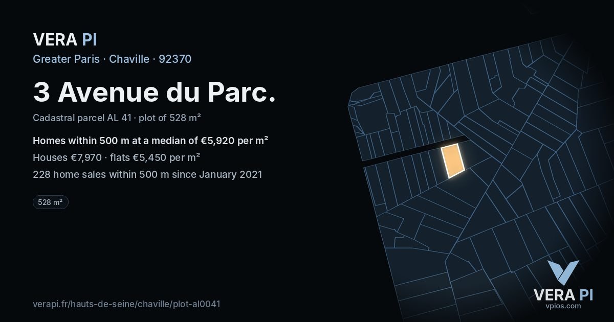 3 Avenue du Parc, Chaville at night – the plot lit, the parcels around coloured by the prices near them