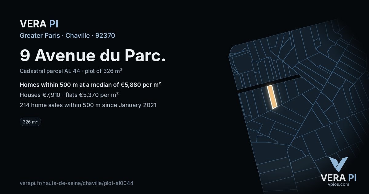 9 Avenue du Parc, Chaville at night – the plot lit, the parcels around coloured by the prices near them