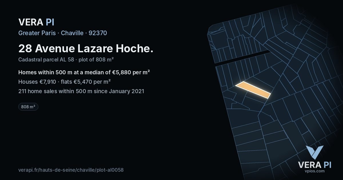 28 Avenue Lazare Hoche, Chaville at night – the plot lit, the parcels around coloured by the prices near them