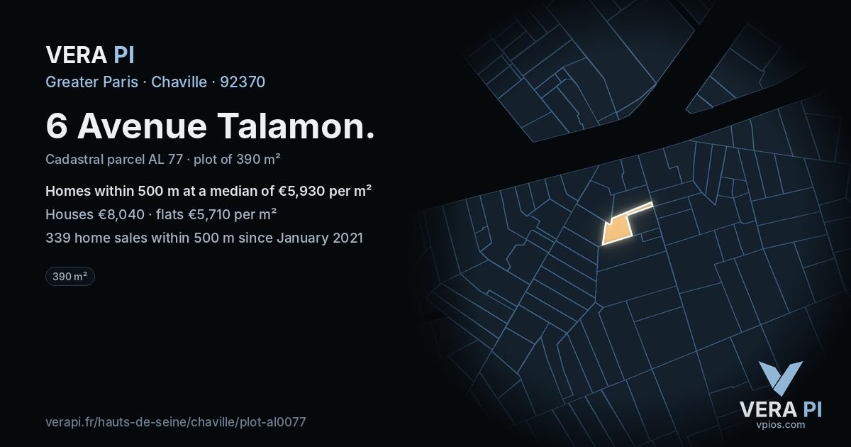 6 Avenue Talamon, Chaville at night – the plot lit, the parcels around coloured by the prices near them