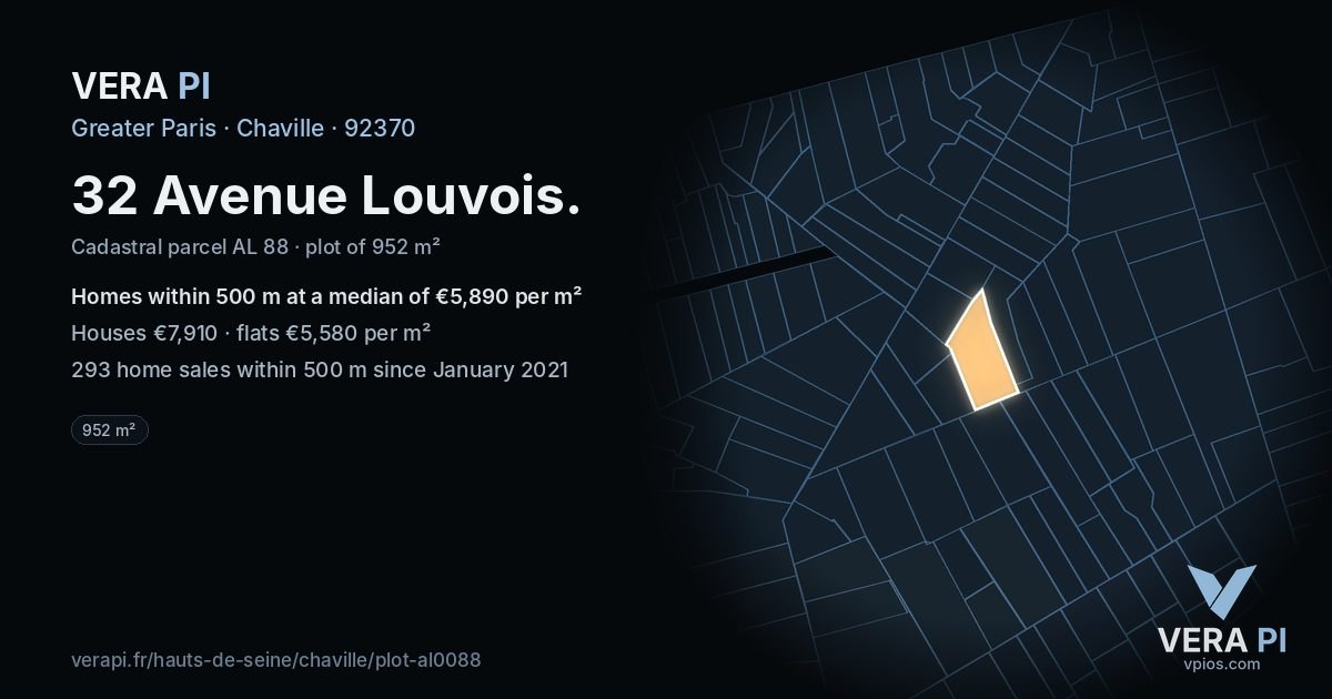 32 Avenue Louvois, Chaville at night – the plot lit, the parcels around coloured by the prices near them