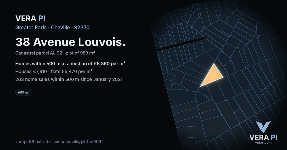 38 Avenue Louvois, Chaville at night – the plot lit, the parcels around coloured by the prices near them