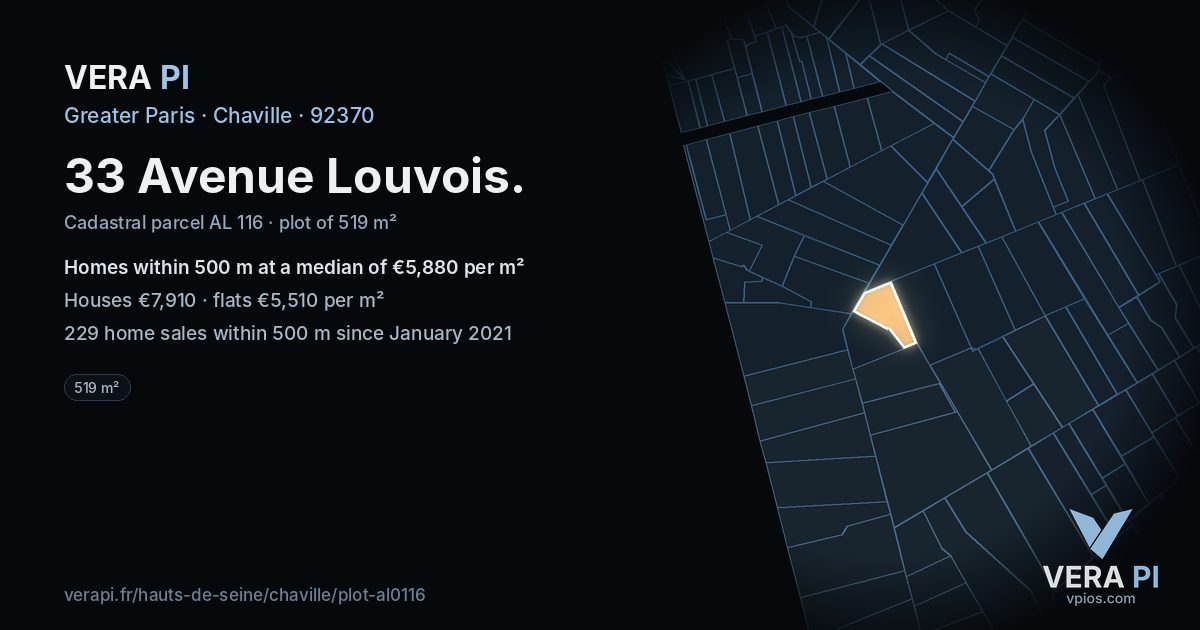 33 Avenue Louvois, Chaville at night – the plot lit, the parcels around coloured by the prices near them