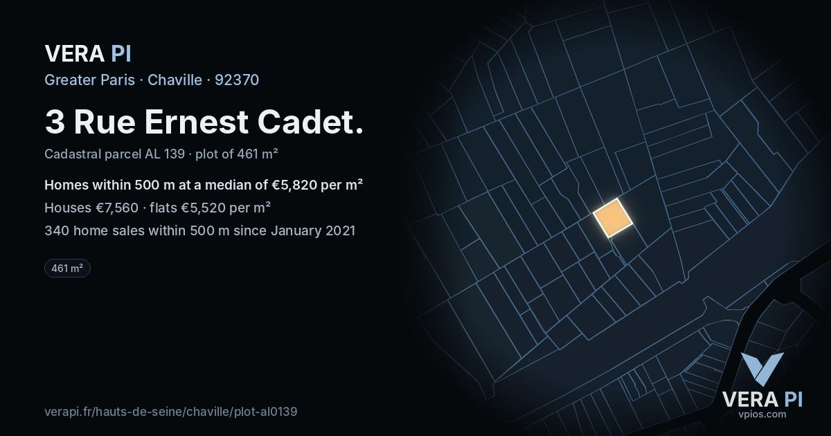3 Rue Ernest Cadet, Chaville at night – the plot lit, the parcels around coloured by the prices near them