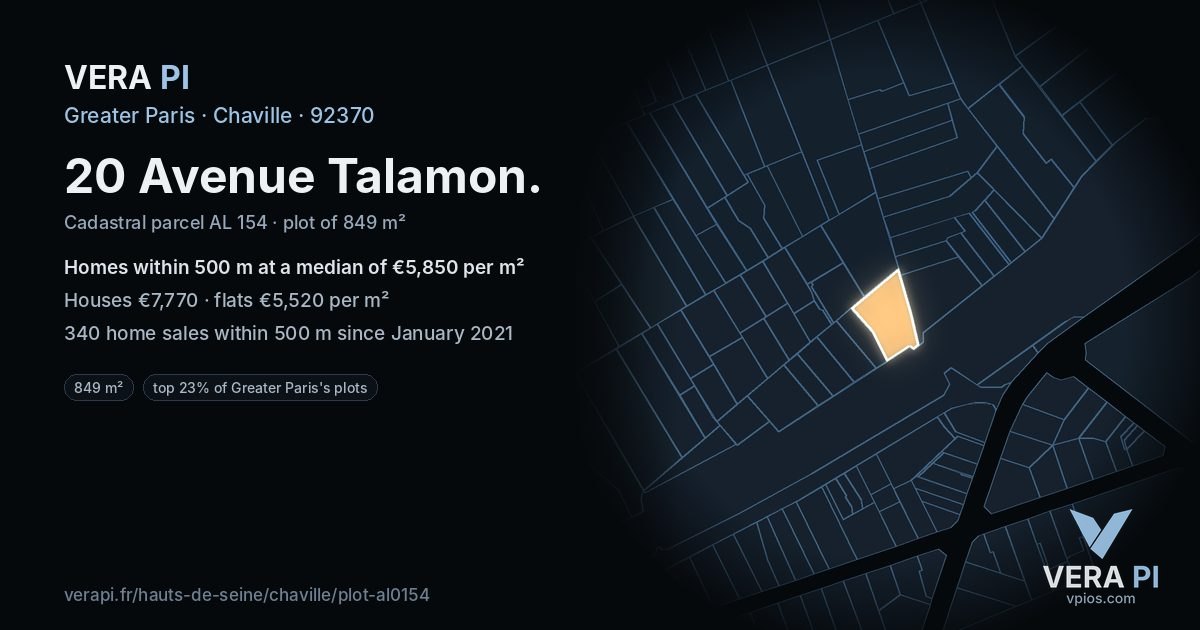 20 Avenue Talamon, Chaville at night – the plot lit, the parcels around coloured by the prices near them