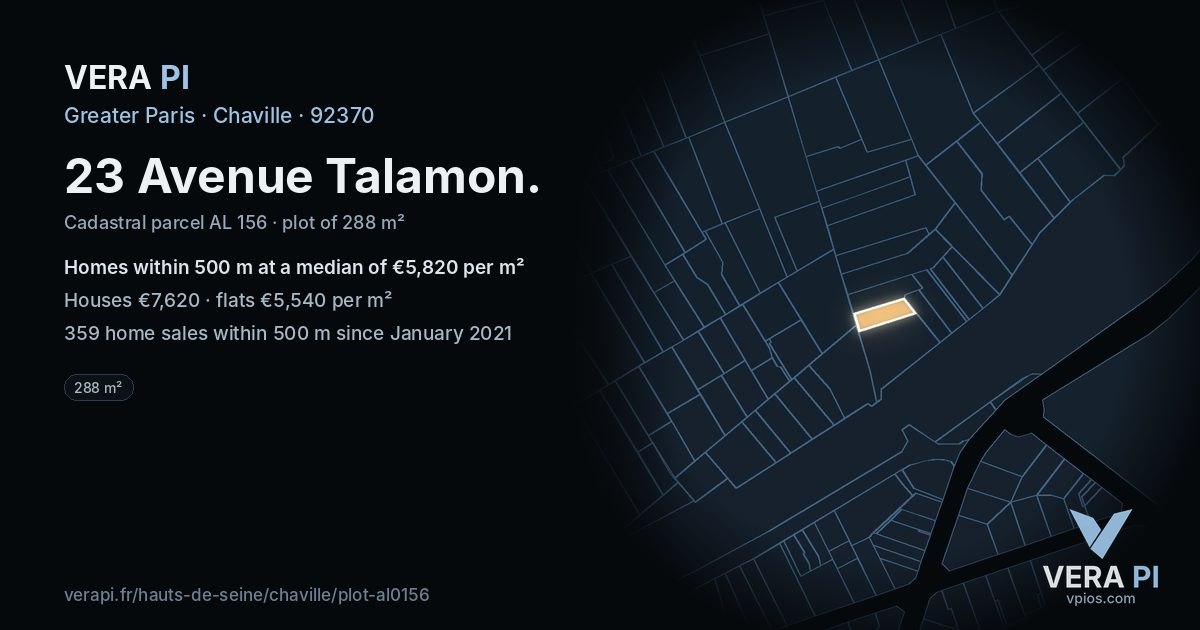 23 Avenue Talamon, Chaville at night – the plot lit, the parcels around coloured by the prices near them